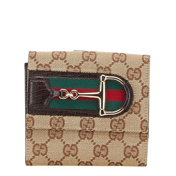 Gucci GG Canvas Horsebit Sherry Line Bifold Wallet 138031 Brown Leather Women... - Picture 1 of 10